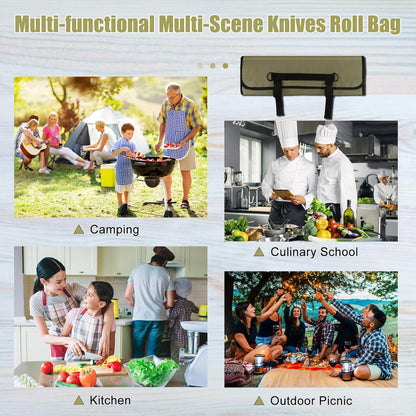 Chef Knife Bag With 24 Slots Cutlery Knives Holders Protectors, Kitchen Travel Cooking Tools, Portable Canvas Knife Roll Storage Bag Chef Case for Camping or Working with an Adjustable Shoulder Strap