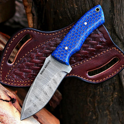 Fixed Blade Damascus Steel Hunting Knife with Leather Sheath, 9'' Full Tang Hunting Skinning,Non-Slip Wooden Handle,Camping Knife (VENGI)