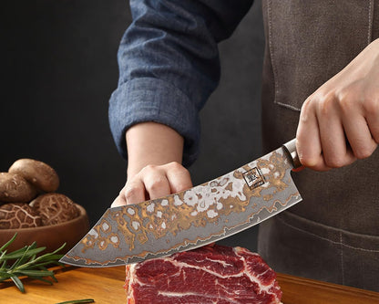 zayiko MysticMagma Nakiri Damascus Knife, 17 cm Blade made of 67 Layers of Damascus Steel with copper and bronze Inlay, DualCurve Handle made of maple root Wood, wooden Box