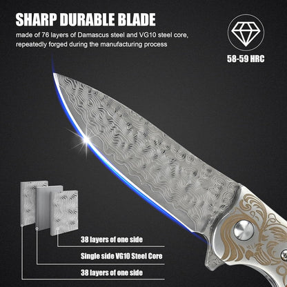 Damascus Pocket Knife with Sheath,3.54" Sharp Damascus Steel Blade Abalone Seashells Handle EDC Pocket Knives & Folding Knives for Outdoor Camping, Ideal Gifts for Men Women