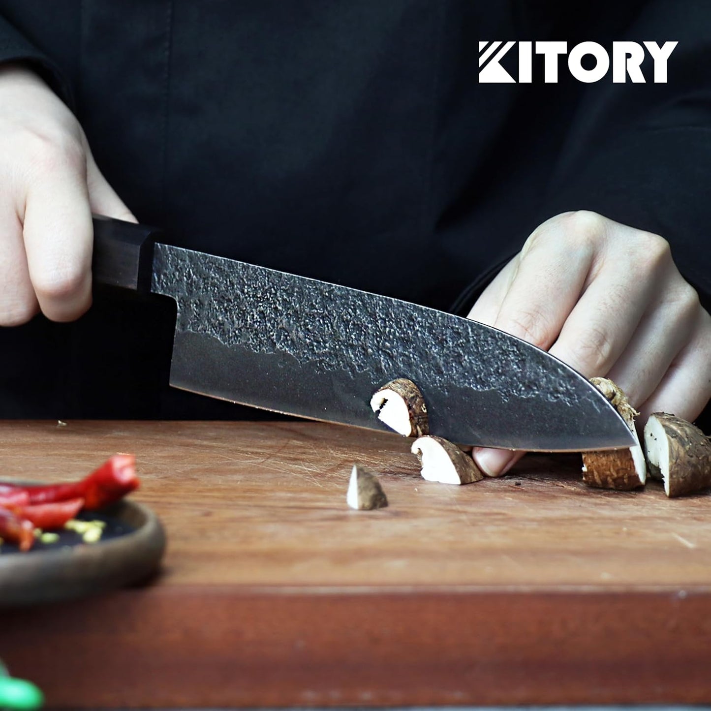 Kitory 7'' Santoku Knife, Black Stonewashed High-Carbon Steel Japanese Kitchen Knife, Hand Forged Ultra Sharp Asian Chef Knife with Ergonomic Wood Handle and Gift Box