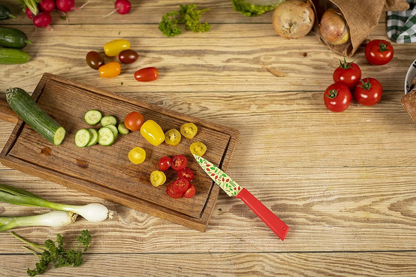 Kuhn Rikon Colori+ Non-Stick Straight Paring Knife with Safety Sheath, 4 inch/10.16 cm Blade, Funky Fruit Avocado