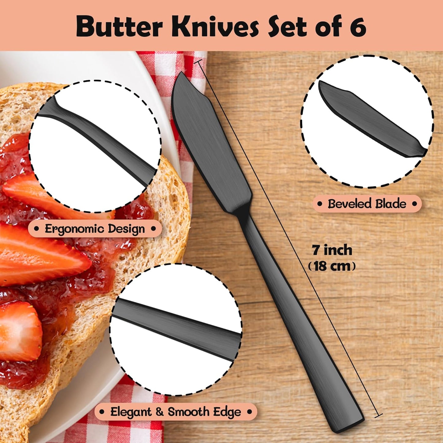 E-far Butter Spreader Knife Set of 6, 7-Inch Stainless Steel Cheese Dessert Knives for Kitchen Restaurant Party, Mirror Silver, Smooth Rounded Handle