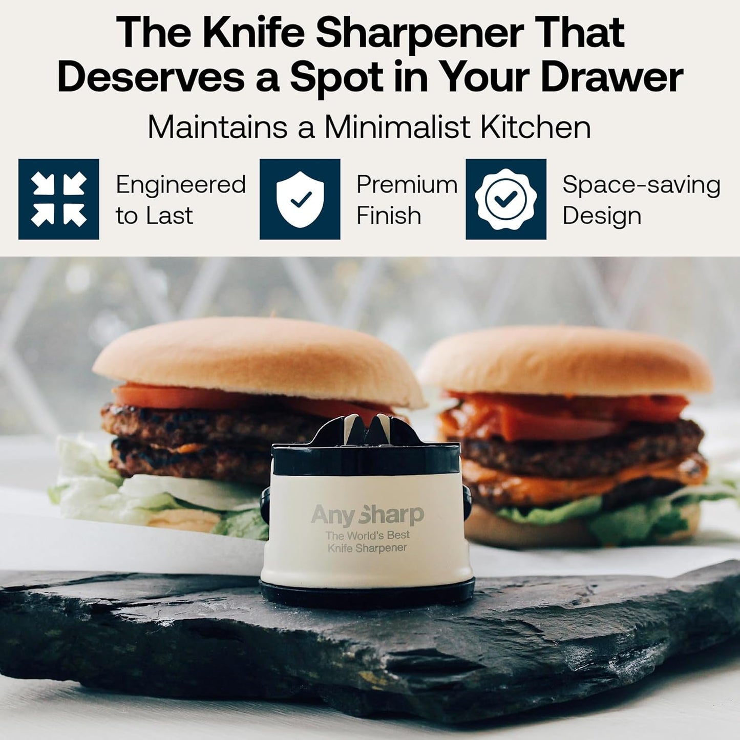 AnySharp – PRO – Hands Free Knife Sharpener - Easy to Use Sharpening Tool with PowerGrip Suction Base and 20-Degree Pre-set Angle - For All Knives: Chef’s, Serrated, and Hardened Steel - Metal