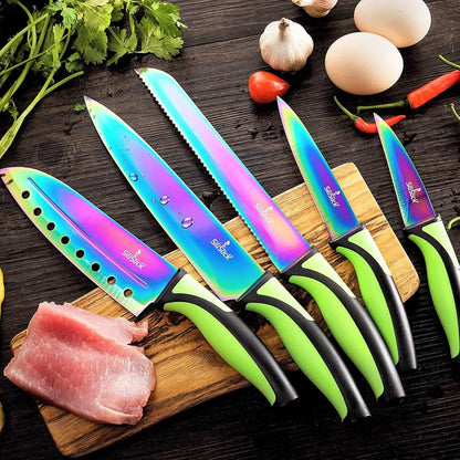 SiliSlick Kitchen Knife Set Kit, 5 Dishwasher Safe Colorful Knives, Knife Sharpener & Magnetic Wall Bar, Titanium Non Stick Plating Stainless Steel