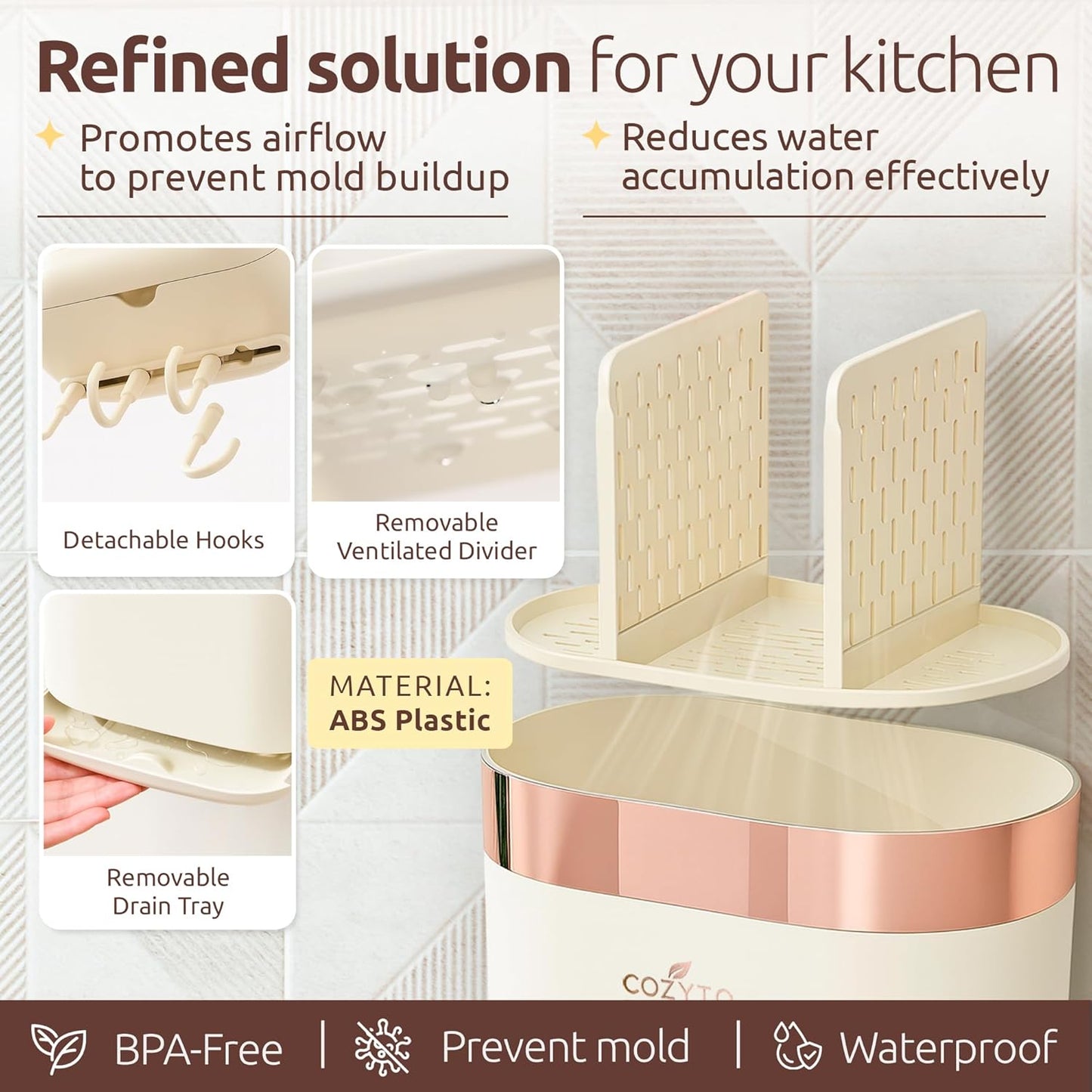 COZYTO LuxTray U1-Pro Wall Mounted Utensil Holder – Kitchen Organizer with Hooks, Dividers & Drain Tray, No-Drill Adhesive Wall Mount Storage, BPA-Free (Cream White & Shiny Silver)