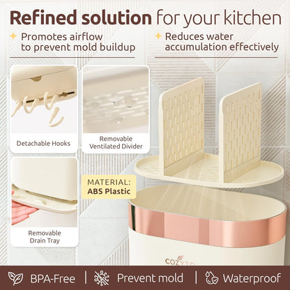 COZYTO LuxTray U1-Pro Wall Mounted Utensil Holder – Kitchen Organizer with Hooks, Dividers & Drain Tray, No-Drill Adhesive Wall Mount Storage, BPA-Free (Cream White & Shiny Silver)