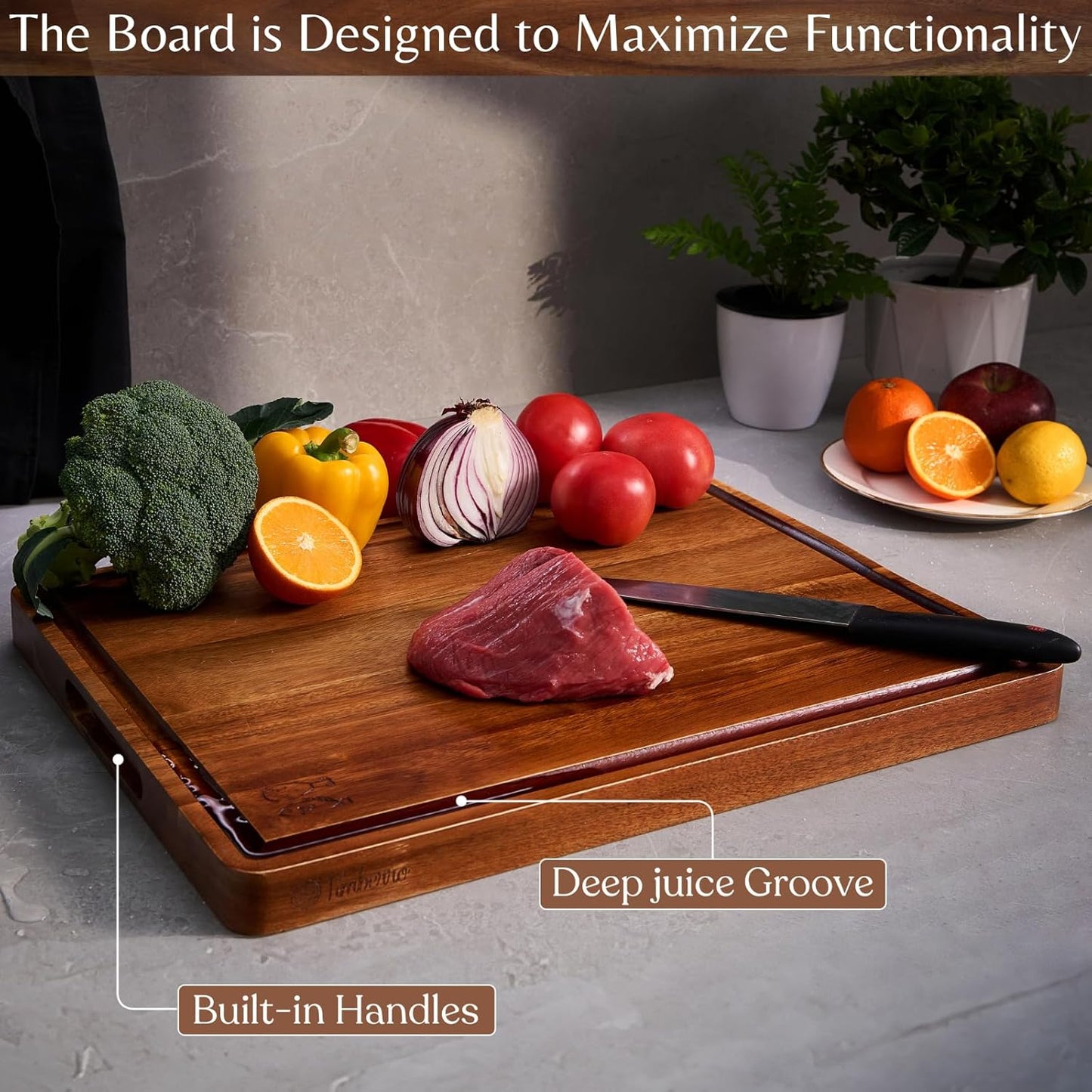 Acacia Wood Cutting Board (10x7x0.8 In.) - Small Mini Wooden Bar Steak and Cheese Chopping Boards for Kitchen with Juice Groove, Tiny Rustic Carving Breadboard for Serving Lime with Handle