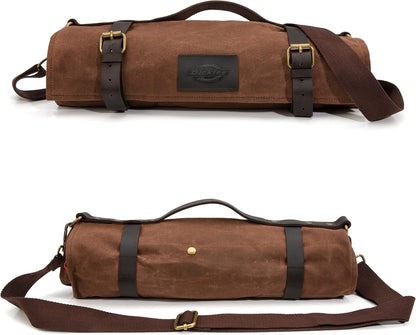 Dickies Chef Knife Roll Bag Portable Organizer and Cutlery Storage Roll, Waxed Canvas and Leather, Medium