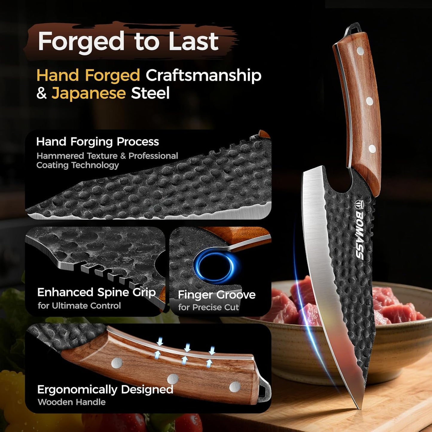 5 PCS Butcher Knife Set Hand Forged, High Carbon Steel Japanese Santoku, Serbian Chef Knife, Viking Knife, Boning Knife, Honing Rod for Kitchen, Outdoor Cooking, BBQ, Camping, Gift for Men