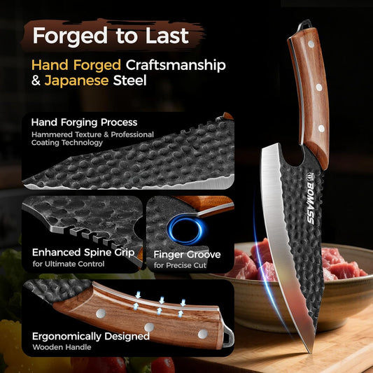 5PCS Hand Forged Japanese Chef Knife Set for Cooking, Meat Cutting, Carbon Steel Cleaver Knife, Boning, Santoku Chefs, Viking, Honing Rod for Kitchen, Camping, BBQ Gift for Men