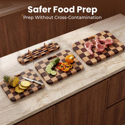 SMIRLY Wooden Cutting Boards for Kitchen, Double-Sided Cutting Board with Handle, Heavy Duty Solid Acacia Wood Cutting Board Set with Stand, 3 Pcs Cutting Boards Non Toxic for Meat Vegetable Fruit