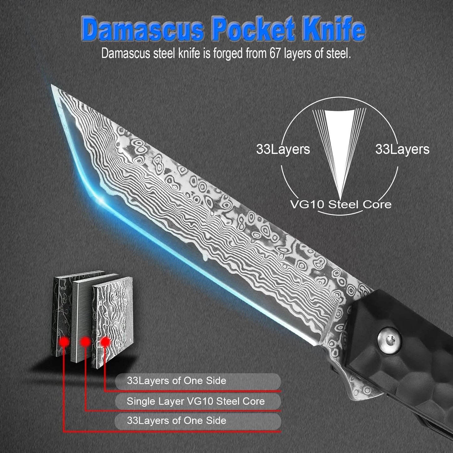 AUBEY Damascus Pocket Knife with Clip, Sharp Tanto Blade with VG10 Core Folding Knife with Abalone Shell Handle and Glass Breaker, EDC Camping Knife for Gift Survival Collection