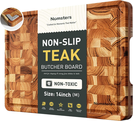 Teak Wood End Grain Cutting Board for Kitchen with Non-slip Feet, Heavy Duty Checkered Cutting Board Upgraded Chopping Board with Juice Groove & Handle Large Wooden Butcher Block with Gift Box