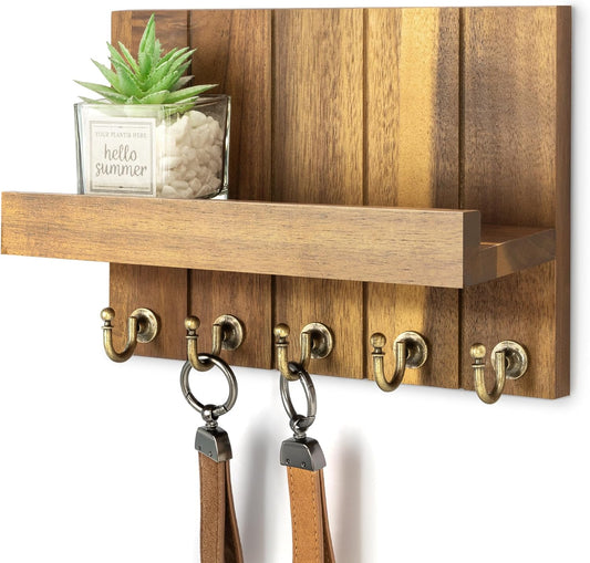 Rebee Vision Decorative Key and Mail Holder for Wall - Farmhouse 15 Inches Floating Shelf with 7 Sturdy Key Hooks for Home Entryway Wall Decor - Rustic Key Racks (Black,15-inch)