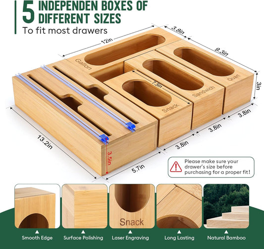 Individual Storage Bag Organizer for Kitchen Drawer, Bamboo with Foil and Plastic Wrap Organizer for Kitchen Organizers and Storage, for Gallon, Quart, Sandwich, Snack