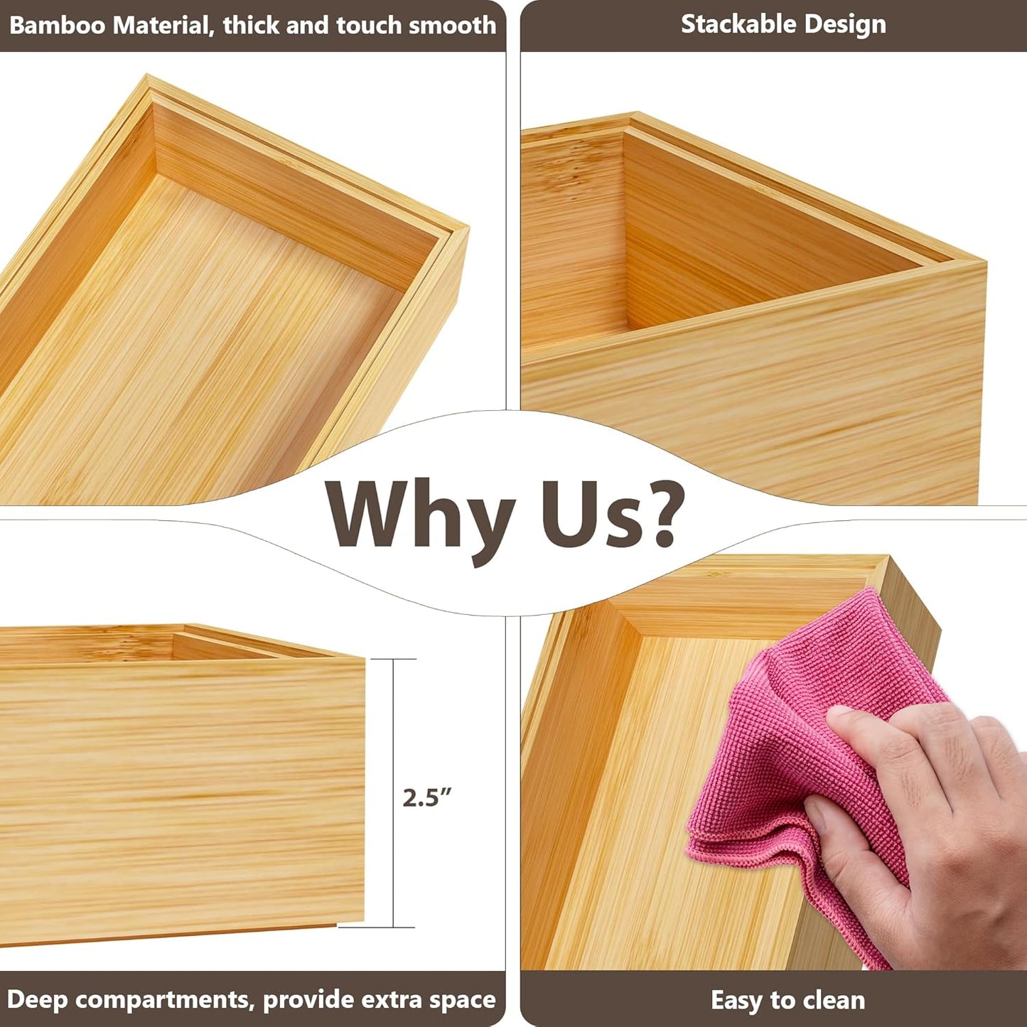 Kitchen Drawer Organizer Bins, Stackable Bamboo Deep Drawer Organizer for Silverware, Utensils, Cutlery, Flatware, Junk Drawer, Dresser, Bathroom, 12" x 3" x 2.5" (Set of 2)