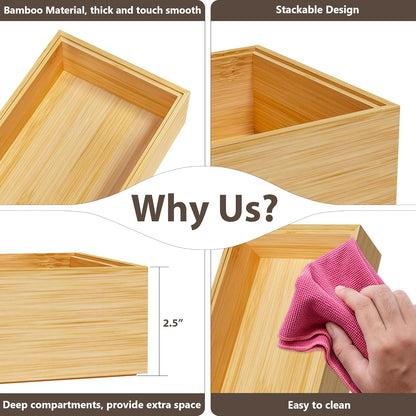 Kitchen Drawer Organizer Bins, Stackable Bamboo Deep Drawer Organizer for Silverware, Utensils, Cutlery, Flatware, Junk Drawer, Dresser, Bathroom, 12" x 3" x 2.5" (Set of 2)