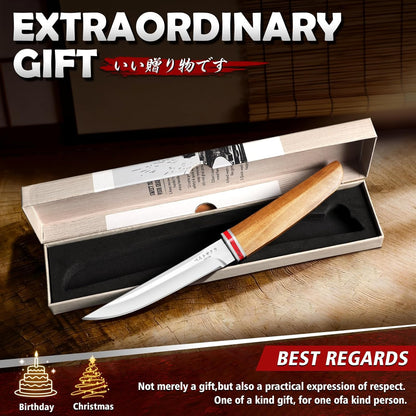 DRGSKL Camping Fixed Blade Knife - Handcrafted Japanese Knife with Wooden Sheath - Utility Knives for Cutting, Peeling and Crafting Feather Sticks - Gifts for Men
