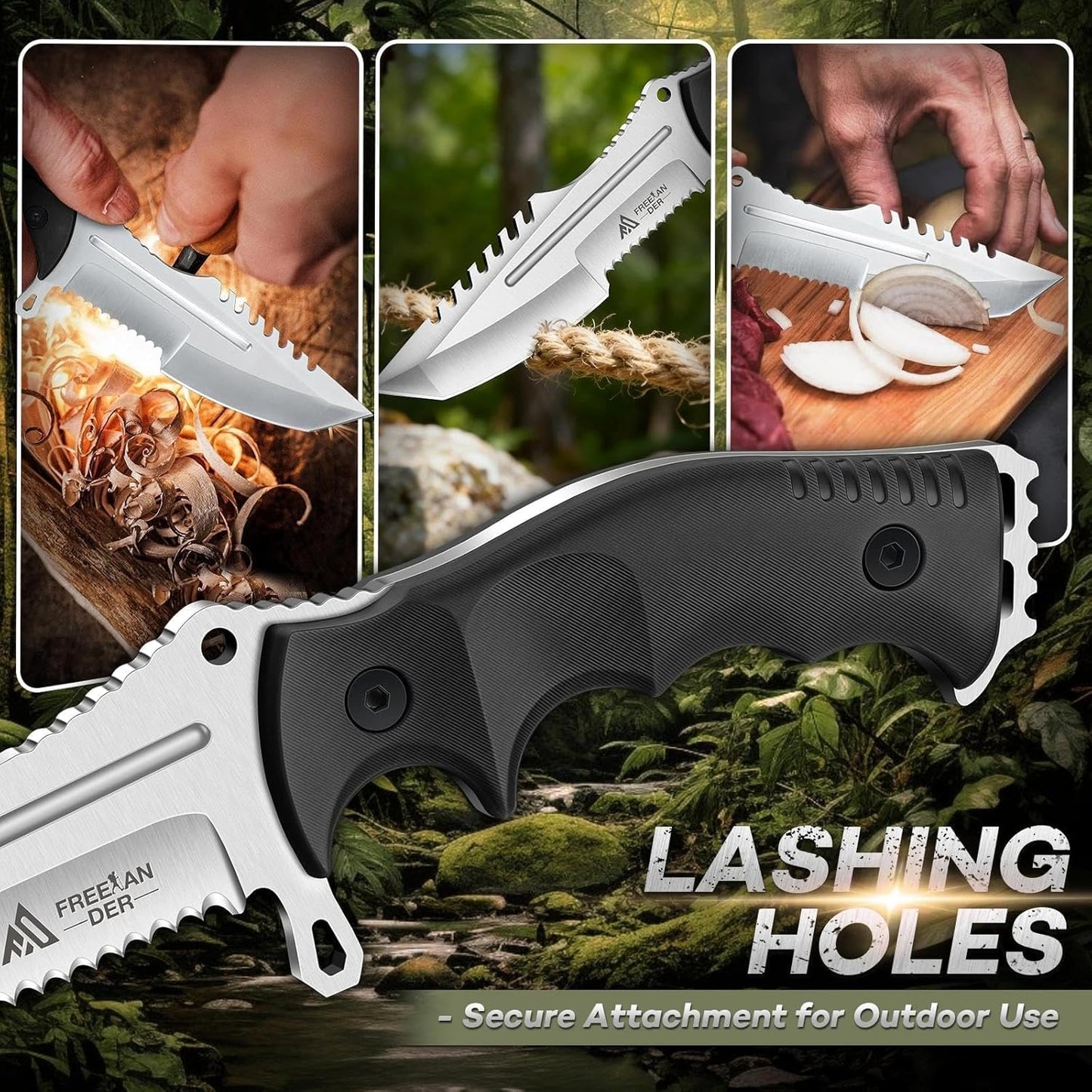 Freelander Fixed Blade Knife with Sheath, Full Tang D2 Steel Survival Knife, Camping Bushcraft Knives with Ergonomic Handle, Outdoor Knives for Men