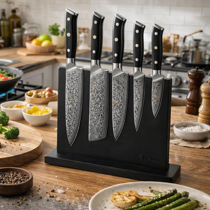 Wakoli Damascus Chef Knife Set with Magnetic Block – 5-Piece Professional Kitchen Knife Block Set, Genuine 67-Layer Damascus Steel Blades with VG10 Core & Ergonomic Sycamore Wood Handles