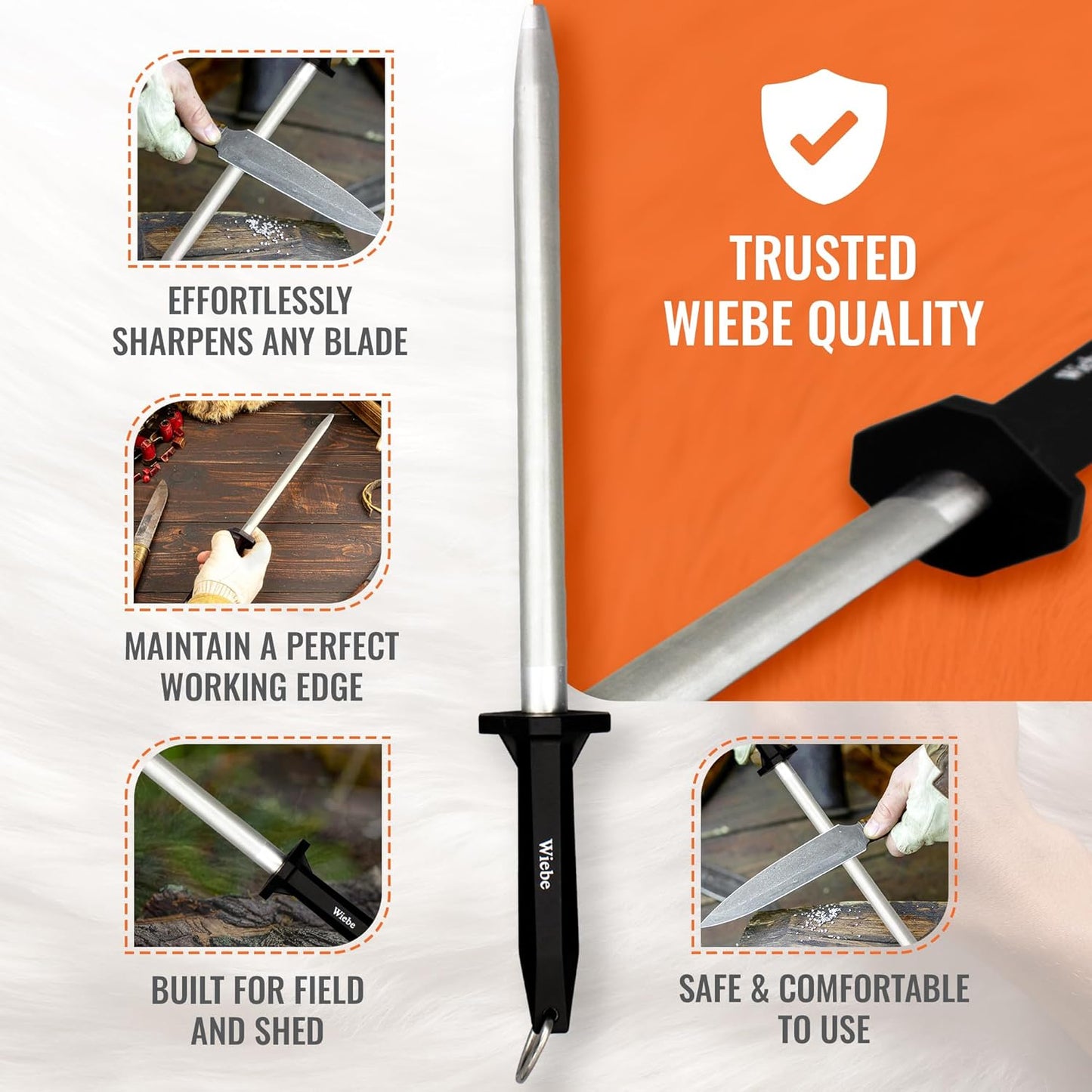 Wiebe 12-Inch Fine Grit Diamond Sharpening Steel | Professional Honing Rod for Hunting, Butcher, and Skinning Knives | Quickly Sharpens High-Carbon and Stainless Steel Blades