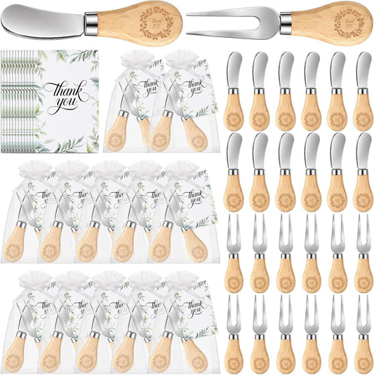Lothee 12 Set Thank You Cheese Knives Forks Gifts 4.8" Cheese Spreader Knife Utensils with Tags Bags Stainless Steel Knife with Wood Handle for Baby Shower Wedding Party Favors Home Kitchen Decor