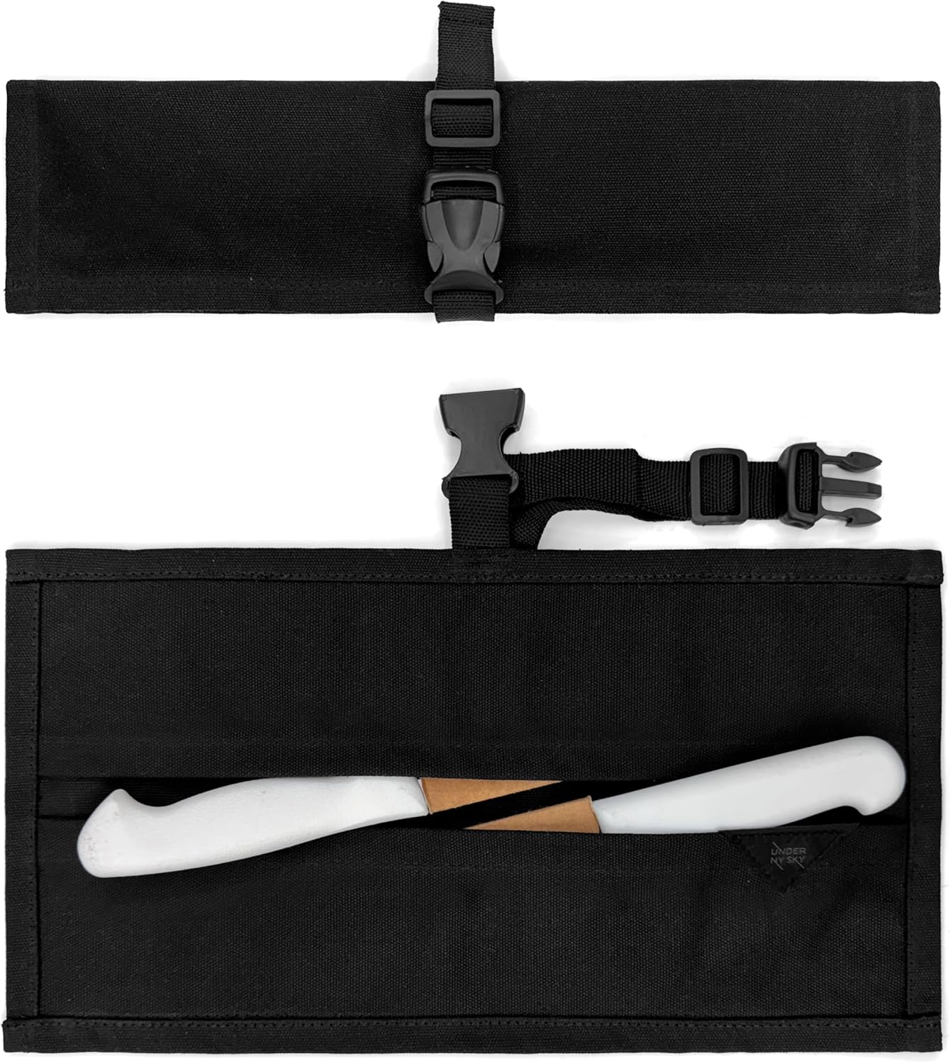 Under NY Sky Knife Roll Case - 3 Slots - Heavy Duty Waxed Canvas Pouch - Leather Reinforced - Portable Bag for Cooking Tools, Utensils, Cutlery Knives, Brushes - Chefs, Kitchen, Travel, Gift - GrayCV