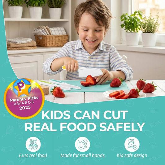 Tovla Jr Kids Safe Knife Set for Real Cooking | Toddler Knife Set with Chopper and Cutting Boards | Montessori Kitchen Tools with Visual Recipe Booklet | Ages 4 to 10