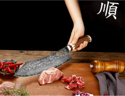 SUNLONG Usuba & Nakiri Knife 6.5 inch Fruit and Vegetable Knife Japanese Hammered Damascus Steel Super sharp - Natural Deer Horn Handle