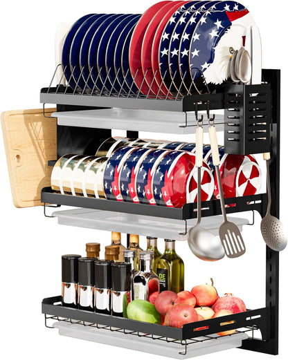 Dish Drying Rack, Over The Wall Mounted Dish Drying Rack, Stainless Steel Dish Rack, Large Storage Drying Rack for Kitchen, Dish Drainer with Utensil Holder-2 Tier