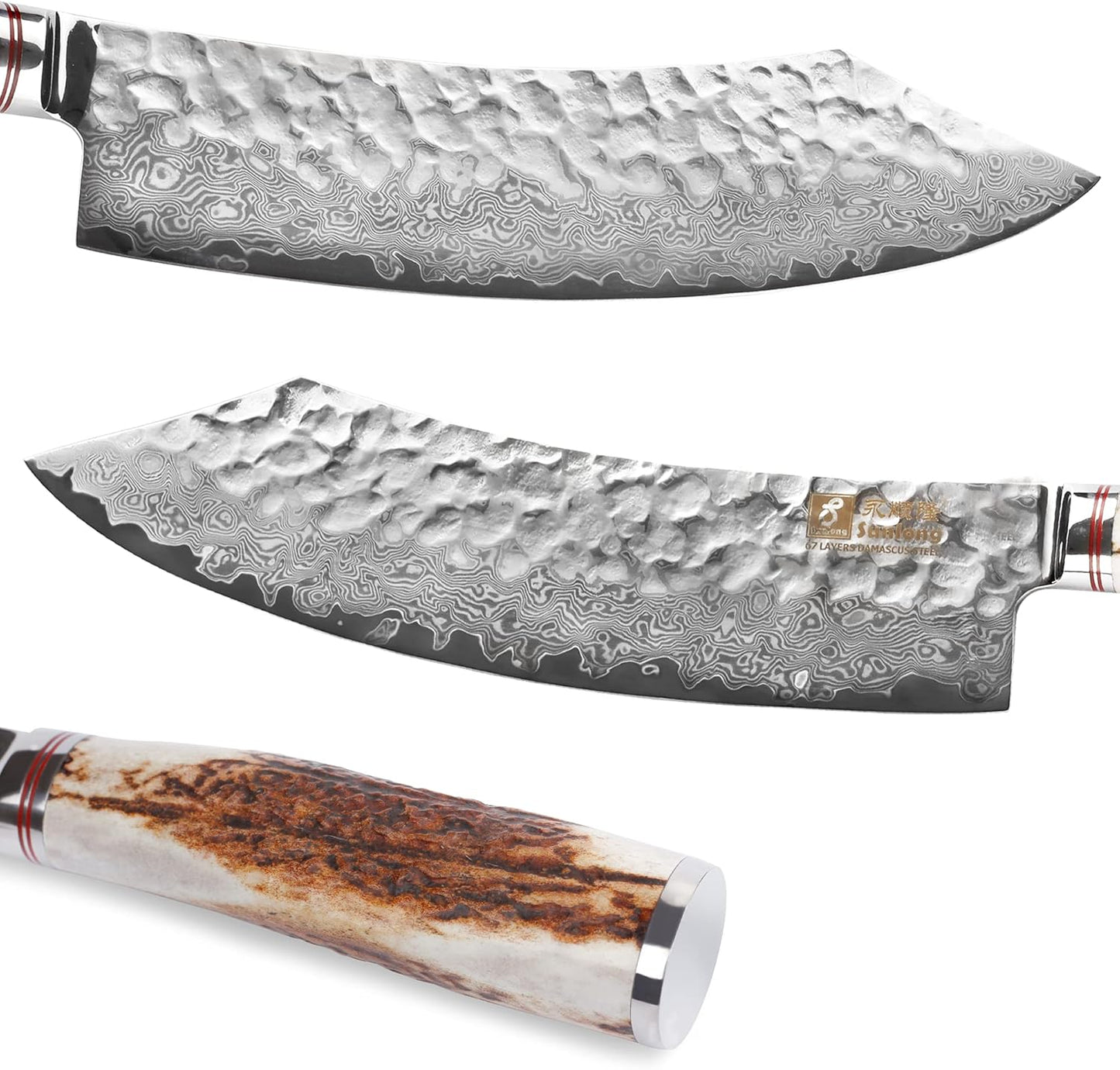 SUNLONG Usuba & Nakiri Knife 6.5 inch Fruit and Vegetable Knife Japanese Hammered Damascus Steel Super sharp - Natural Deer Horn Handle