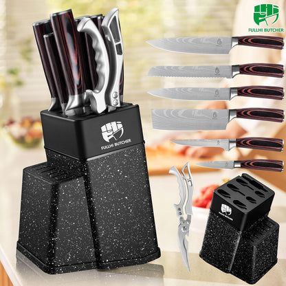 FULLHI 8pcs block Knife Set,chef's Knves Set with Block and Sharpener, Kitchen Knife Set,Multi-colour Handle, Gifts for Men Women
