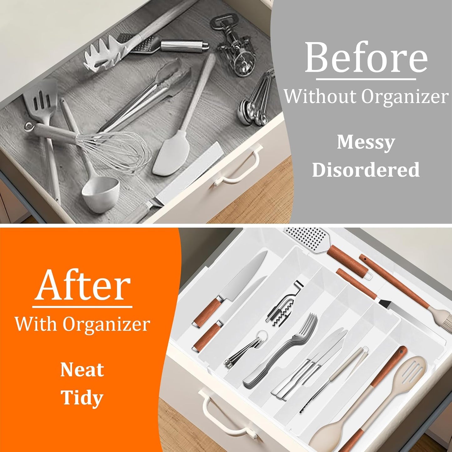 Spaclear Expandable Large Silverware Organizer - BPA-Free Food-Safe Utensil Drawer Organizer Adjustable Kitchen Drawer Organizer Flatware Cutlery Tray, Classified Storage for Spoons Forks Knives