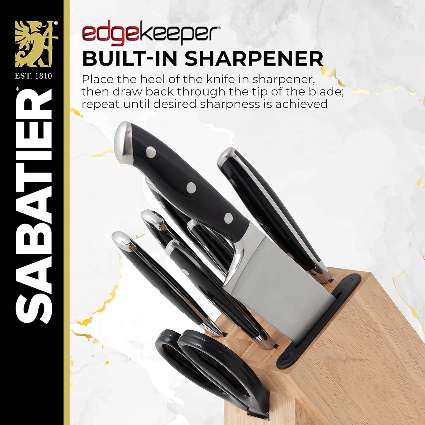 Sabatier 15-Piece Forged Triple Rivet Knife Block Set, High-Carbon Stainless Steel Kitchen Knives, Razor-Sharp Knife set with Acacia Wood Block, White Handles