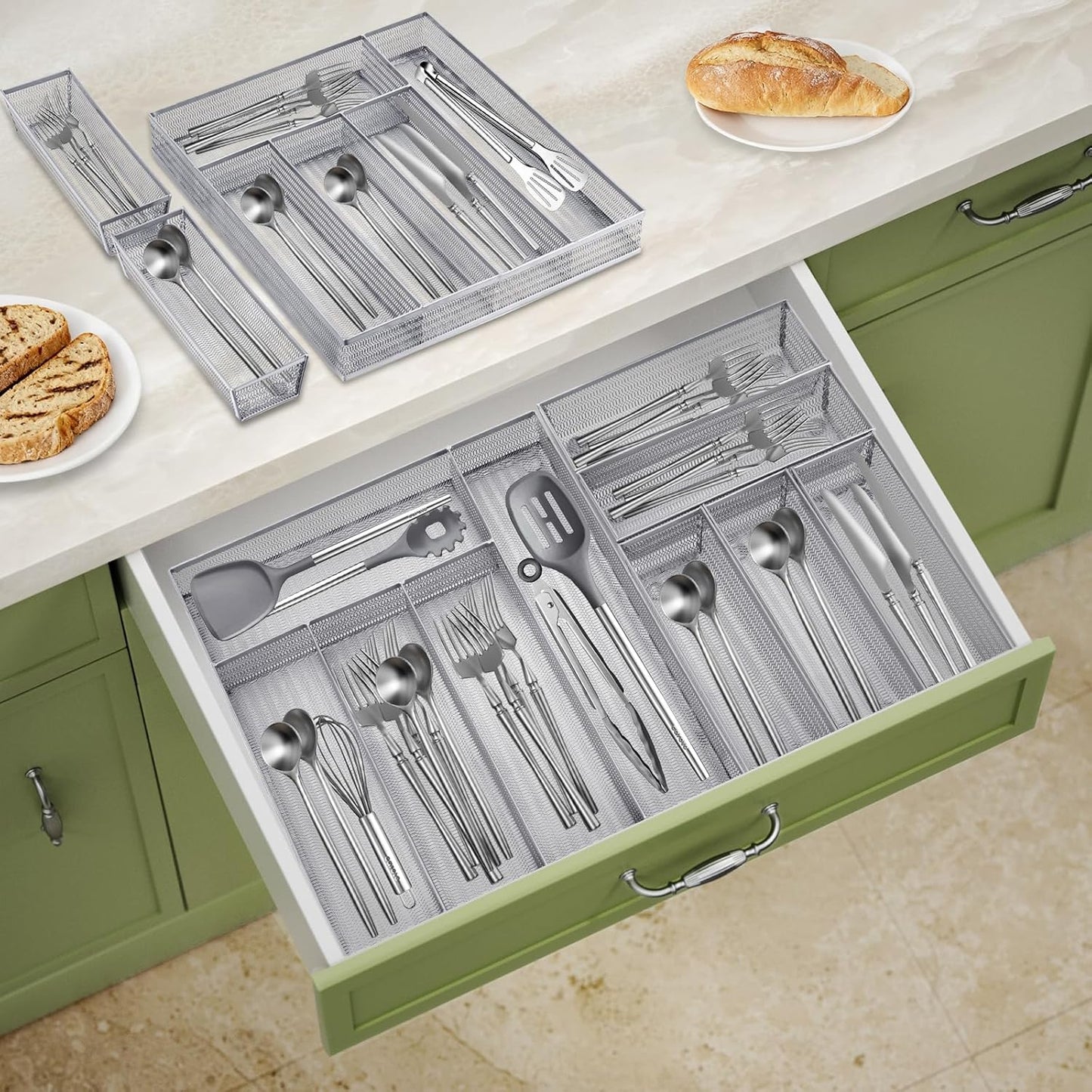 Neudeco Silverware Organizer,Mesh Drawer Organizer for Kitchen，Metal Utensil Organizer for Flatware, Knives, Spoons,Cosmetic (Silver 9 * 3 * 2 inch Pack6)