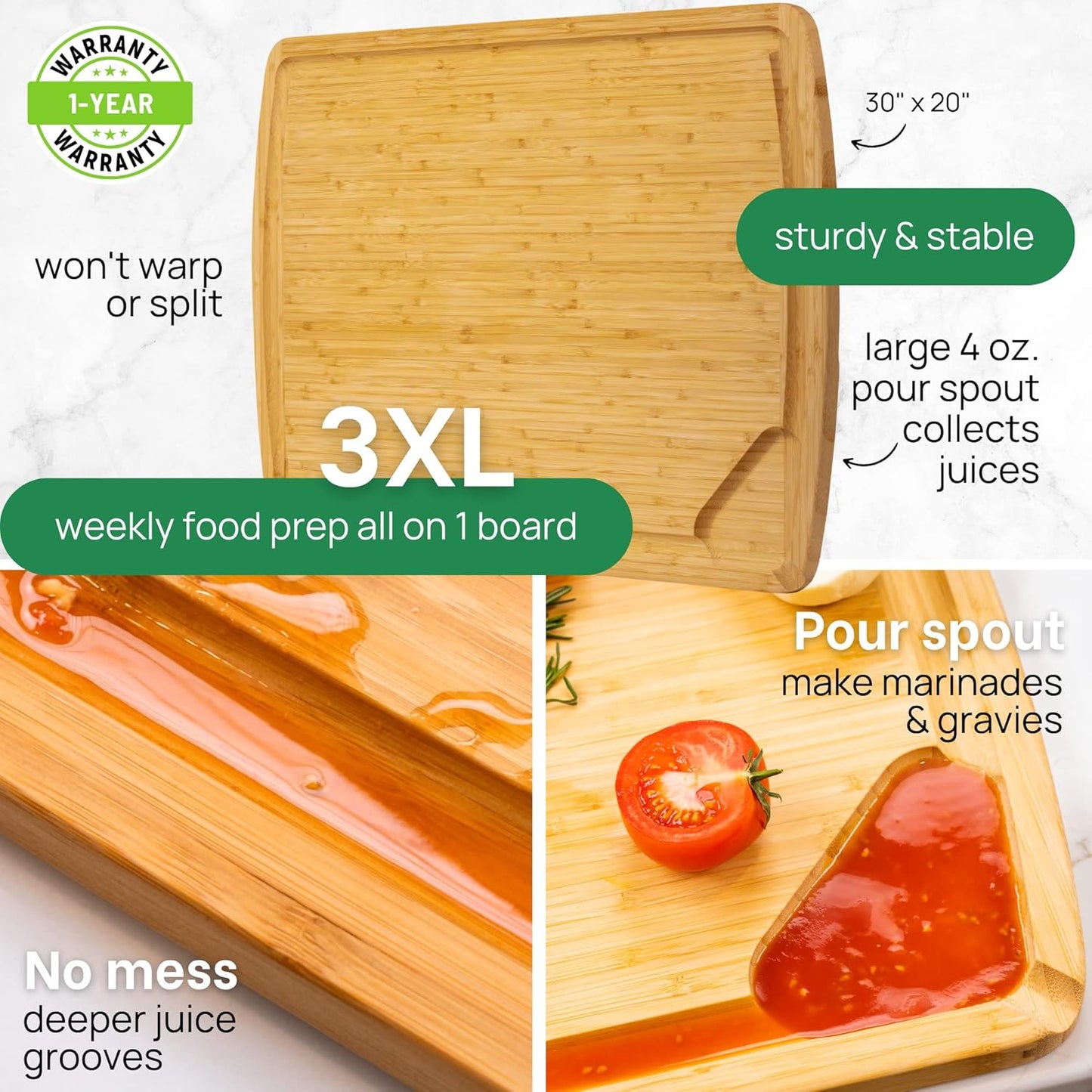 Greener Chef 30 x 20 Organic Extra Large Cutting Board with Lifetime Replacements – Wood Bamboo Chopping Board - Wooden Butcher Block Cutting Board for Carving Turkey, Grilling Brisket and BBQ