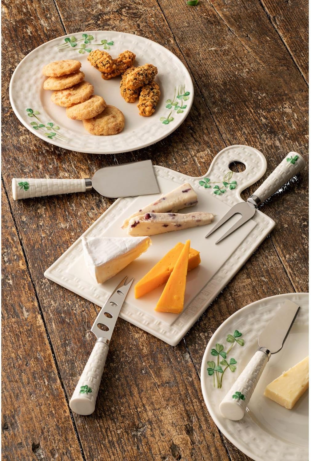 Belleek Shamrock Cheese Knives - Set of 4, Iconic Basketweave Pattern, Parian China & Stainless Steel