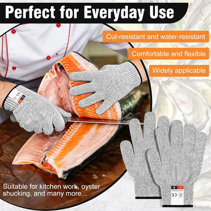Oyster Shucking Knife Set, 2 Pack Stainless Steel Oyster Shucker Knife and 2 Pairs Level 5 Cut-Resistant Gloves, Seafood Shell Opener Kit for Oysters, Clams, Crabs,Seafood Boil Party Supplies
