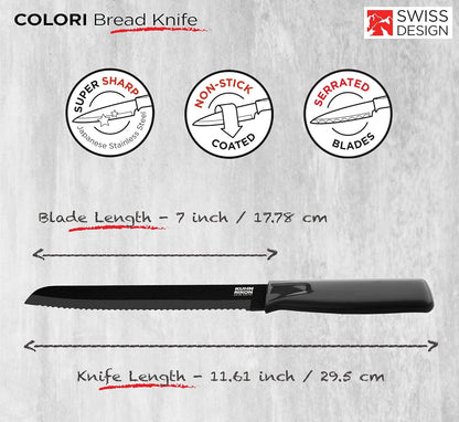 Kuhn Rikon COLORI Non-Stick Bread Knife with Safety Sheath, 7 inch/17.78 cm Blade, Black