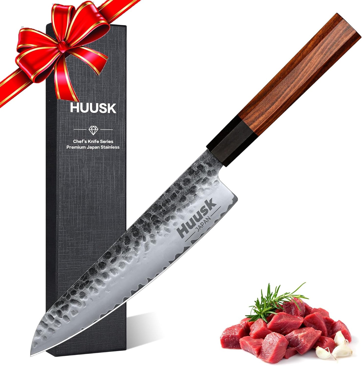 Huusk Chef Knife, Professional 9" High Carbon Steel Japanese Kitchen Knives, Hand Forged Cooking Knife for Meat Sushi, Gift for Men and Women