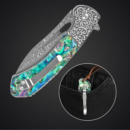 Damascus Pocket Knife with Sheath,3.54" Sharp Damascus Steel Blade Abalone Seashells Handle EDC Pocket Knives & Folding Knives for Outdoor Camping, Ideal Gifts for Men Women