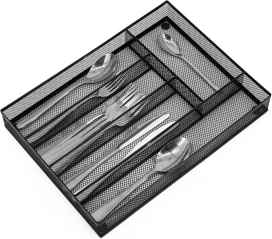 Neudeco Silverware Drawer Organizer Holder, Cutlery Tray Silverware Flatware Storage Divider for Kitchen, Bedroom, Living Room,Mesh Wire with Non-slip foam Feet, 5 Compoment（ Silver）