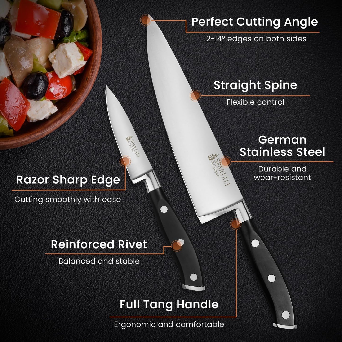 Spartali & Company 2-Piece Chef & Paring Knife Set – 8” Chef Knife and 3.5” Paring Knife – High Carbon German Stainless Steel Blades, Ergonomic Grip – Professional Cutlery Duo for Everyday Meal Prep.