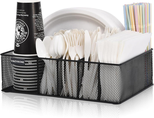 VIKEYHOME Paper Plate Organizer for Countertop, Metal Silverware Caddy with 6 Compartments for Cup, Napkin, Utensil Holder Caddy for Party, Camping, Picnic