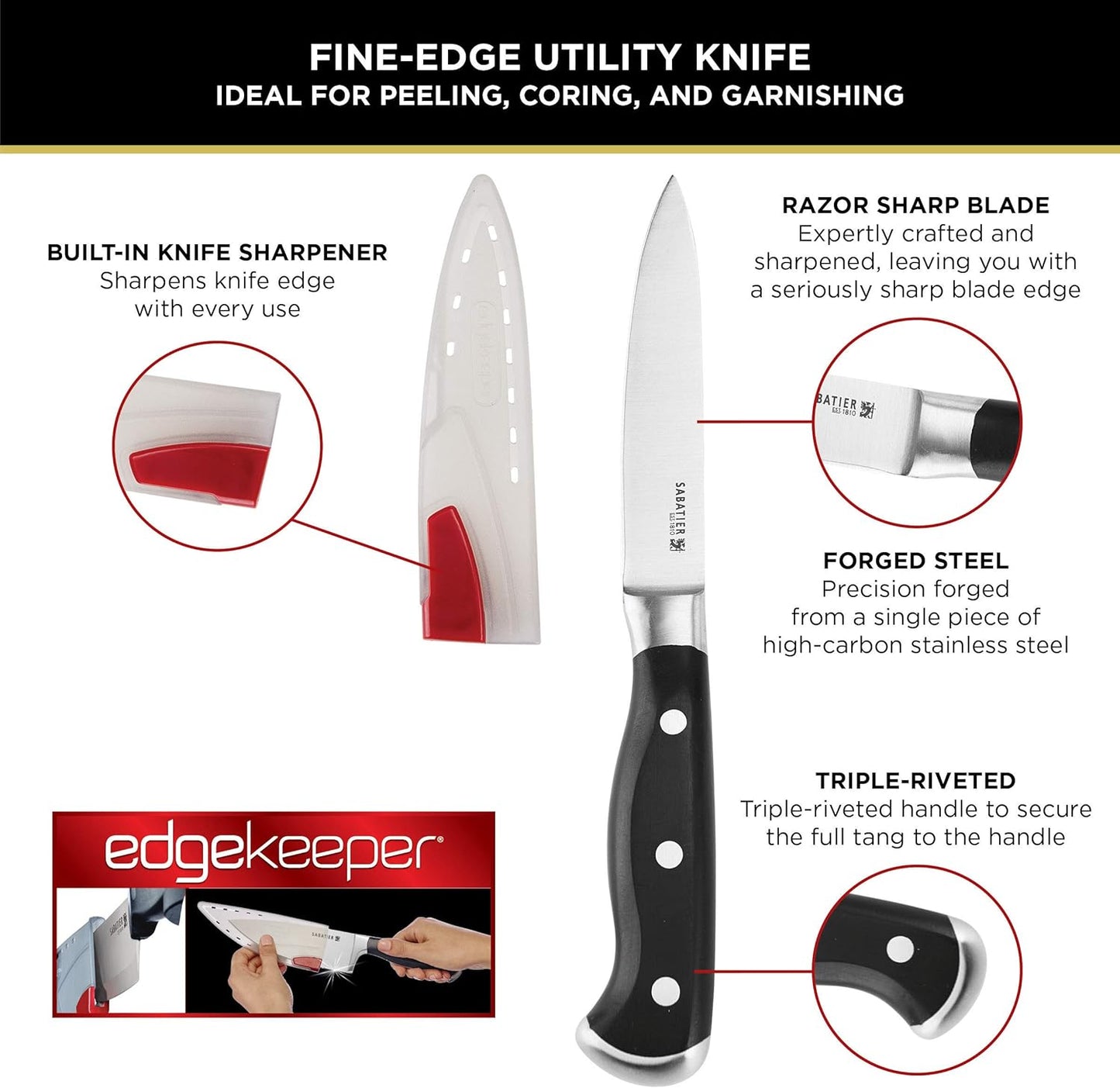 Sabatier Forged Stainless Steel Chef Knife with Edgekeeper Self-Sharpening Blade Cover, High-Carbon Stainless Steel Kitchen Knife, Razor-Sharp Knife to Cut Fruit, Vegetables and more, 8-Inch, Black