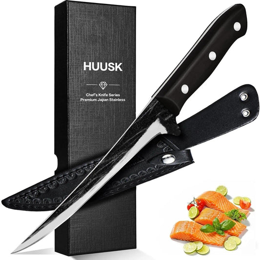 Huusk Viking Boning Knife 6 inch, Japanese Boning Knives for Meat Cutting, Full Tang Fillet Knife with Sheath, Brisket Trimming Knives for BBQ, Camping, Christmas Gift for Men and Women