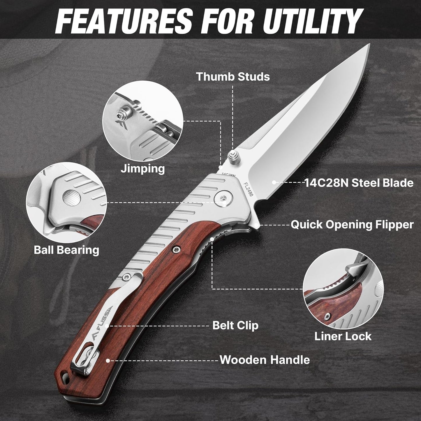 FLISSA Pocket Knife with 3.35" 14C28N Steel Blade, Liner Lock Folding Knife with Wooden Handle for EDC, Camping, Hiking, Outdoor Activities, Gift for Men and Women