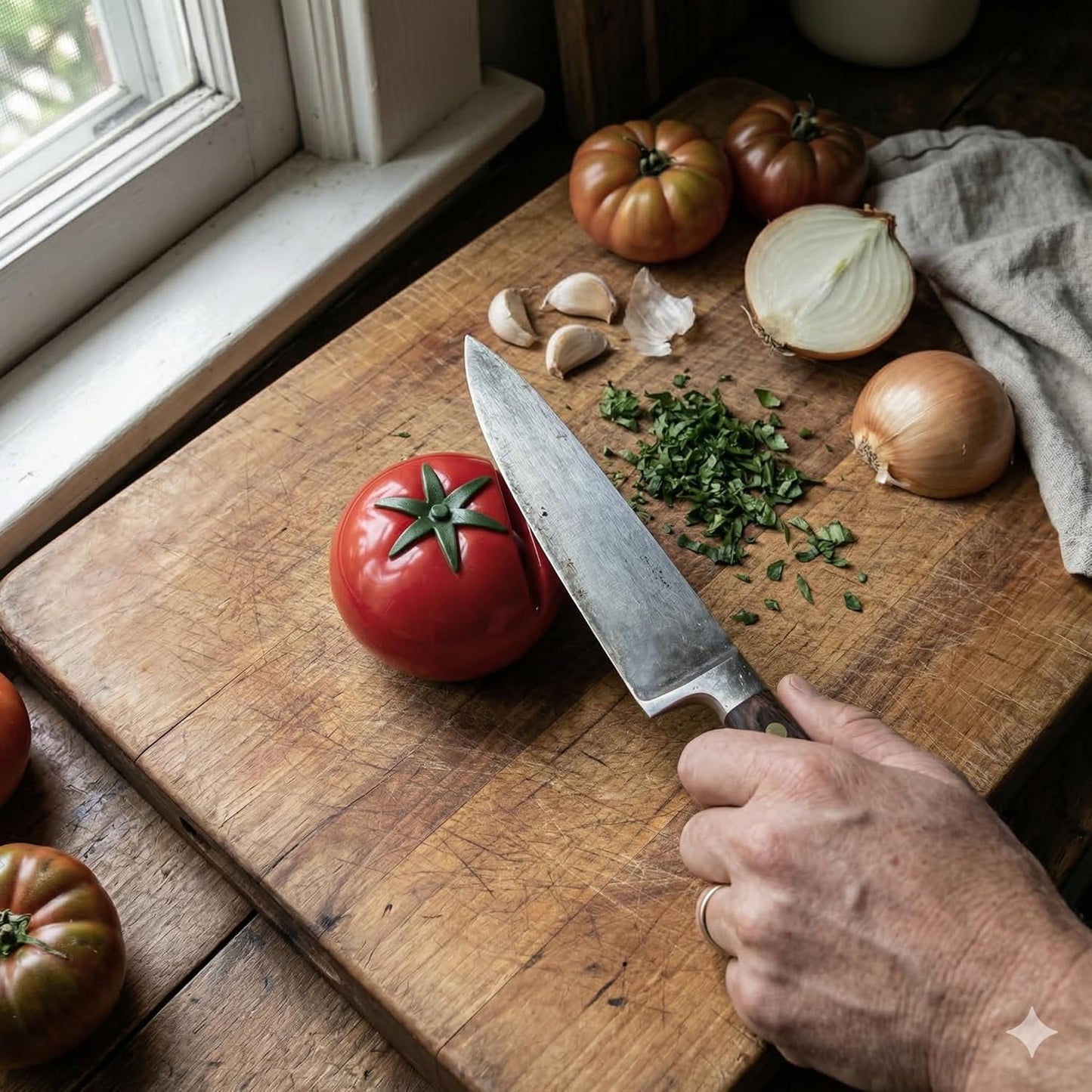Manual Knife Sharpener, Tomato Shaped Kitchen Knife Sharpening Tool - Cute Compact Design, Easy Grip Non-Slip Base, Portable Home Kitchen Sharpener for Chef Knives and Cooking Tools