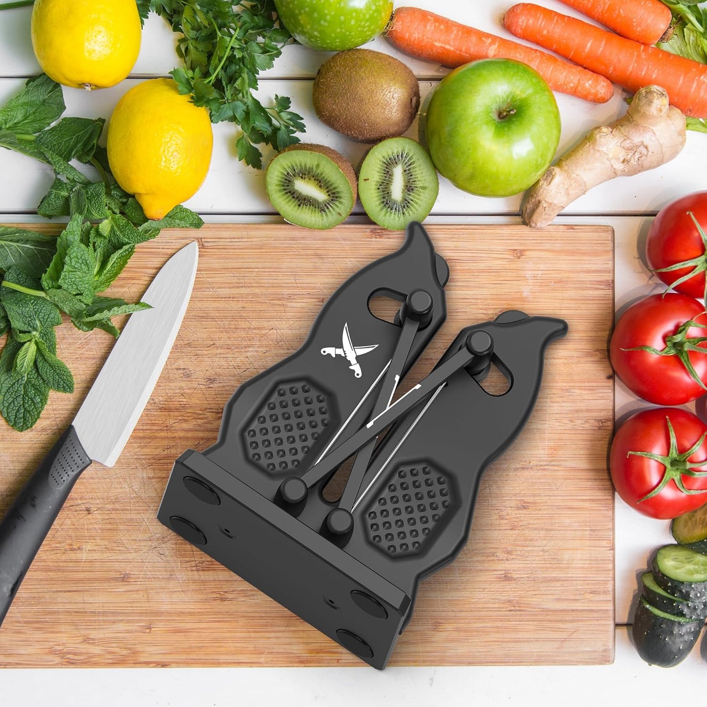 Edge Kitchen Knife Sharpener – Pull-Through Manual Sharpener with Spring Arms – Tungsten Carbide, Self-Adjusting Angle, Fast Edge Repair for Kitchen, Outdoor, and EDC Knives (Black)